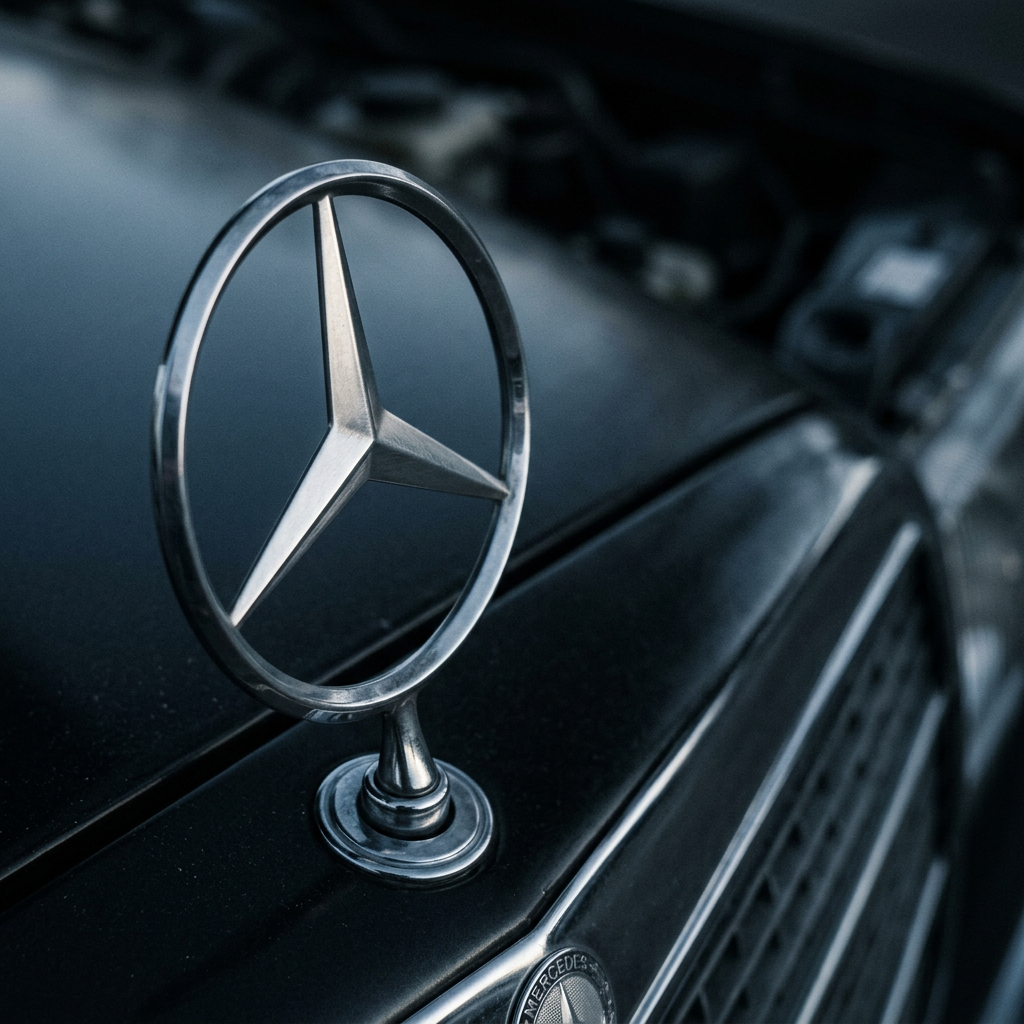 Macro detail of a Mercedes-Benz star hood ornament