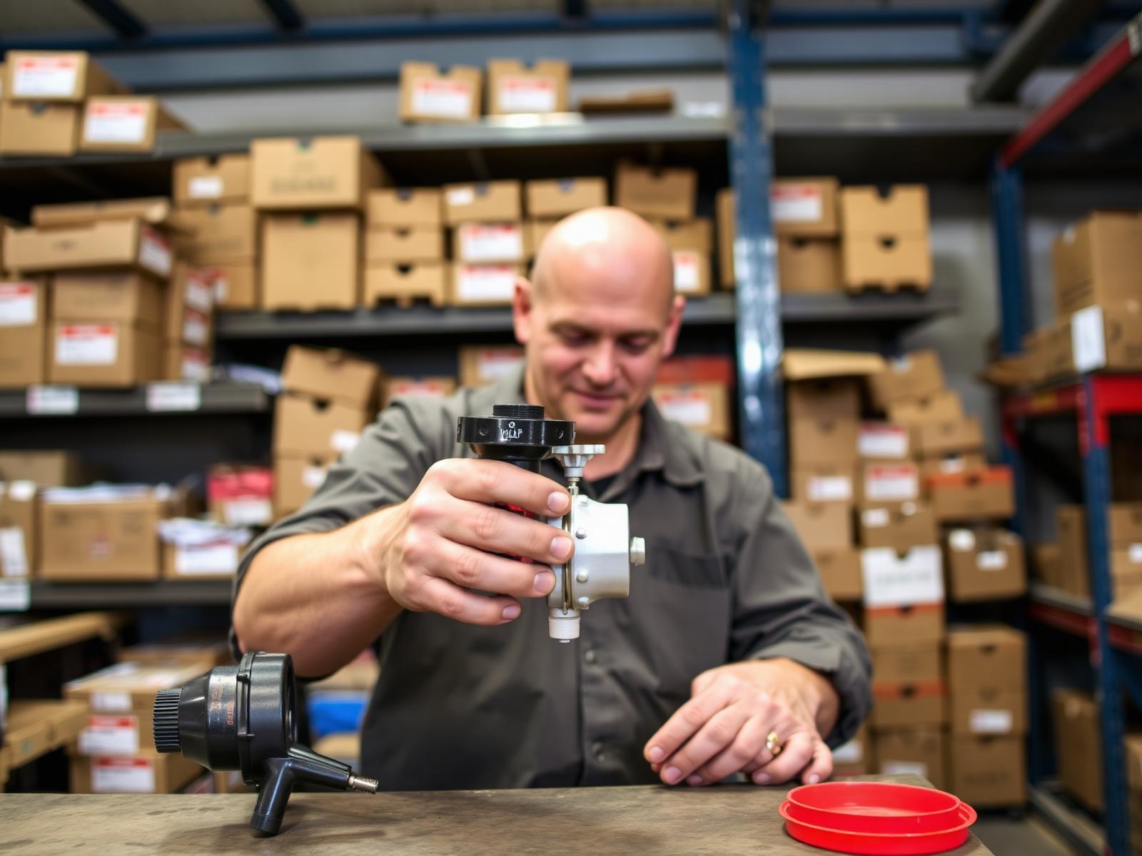 Technician holding a water pump at the parts counter in the Fullerton warehouse