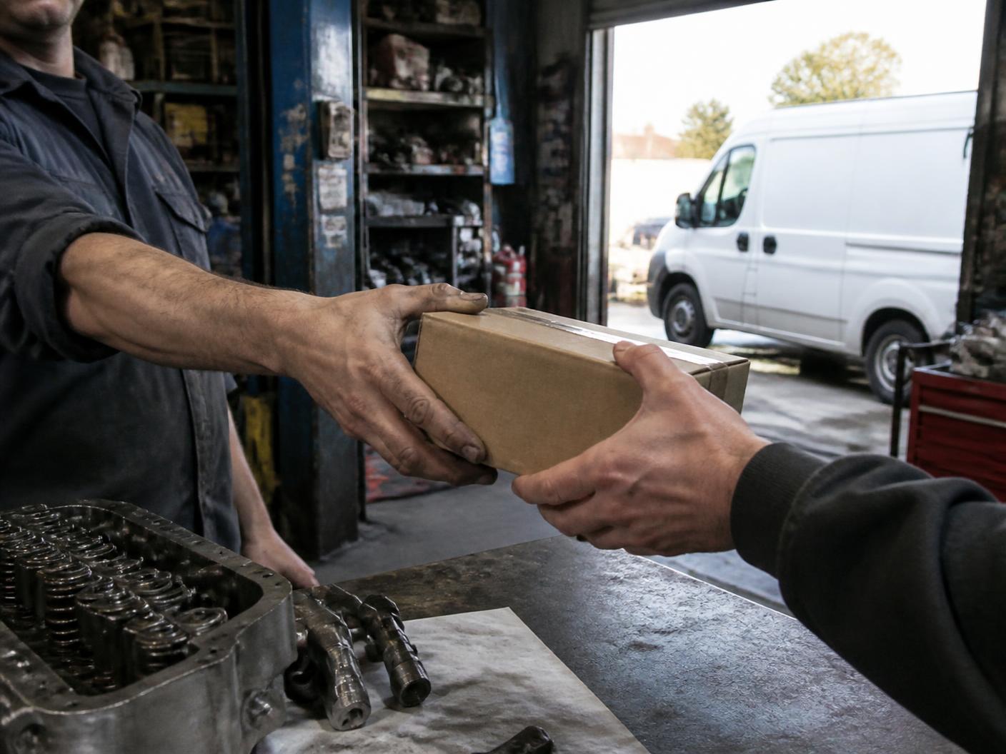 Boxed part handed across an independent shop counter with a delivery van outside