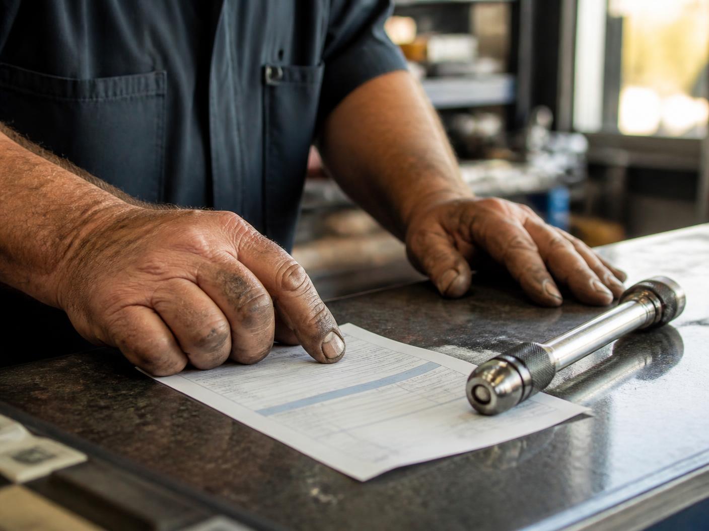 Technician's hands on a parts counter with an invoice and torque wrench