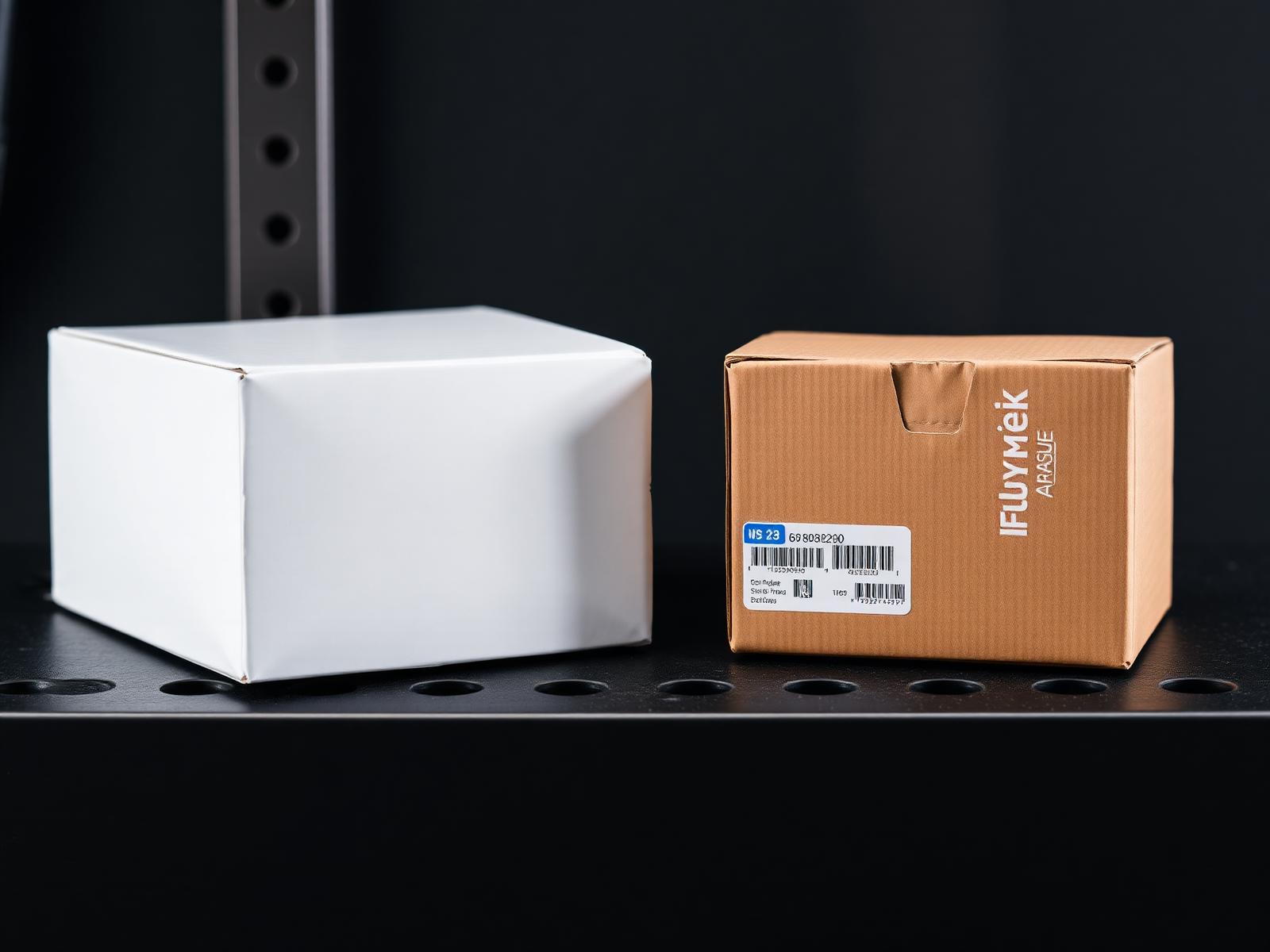 An OEM parts box beside an aftermarket equivalent on dark steel shelving