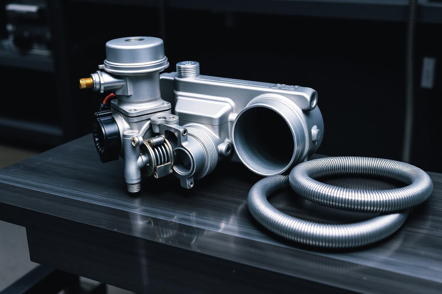 Electric water pump, thermostat housing, aluminum radiator end tank and a coiled coolant hose on a dark bench