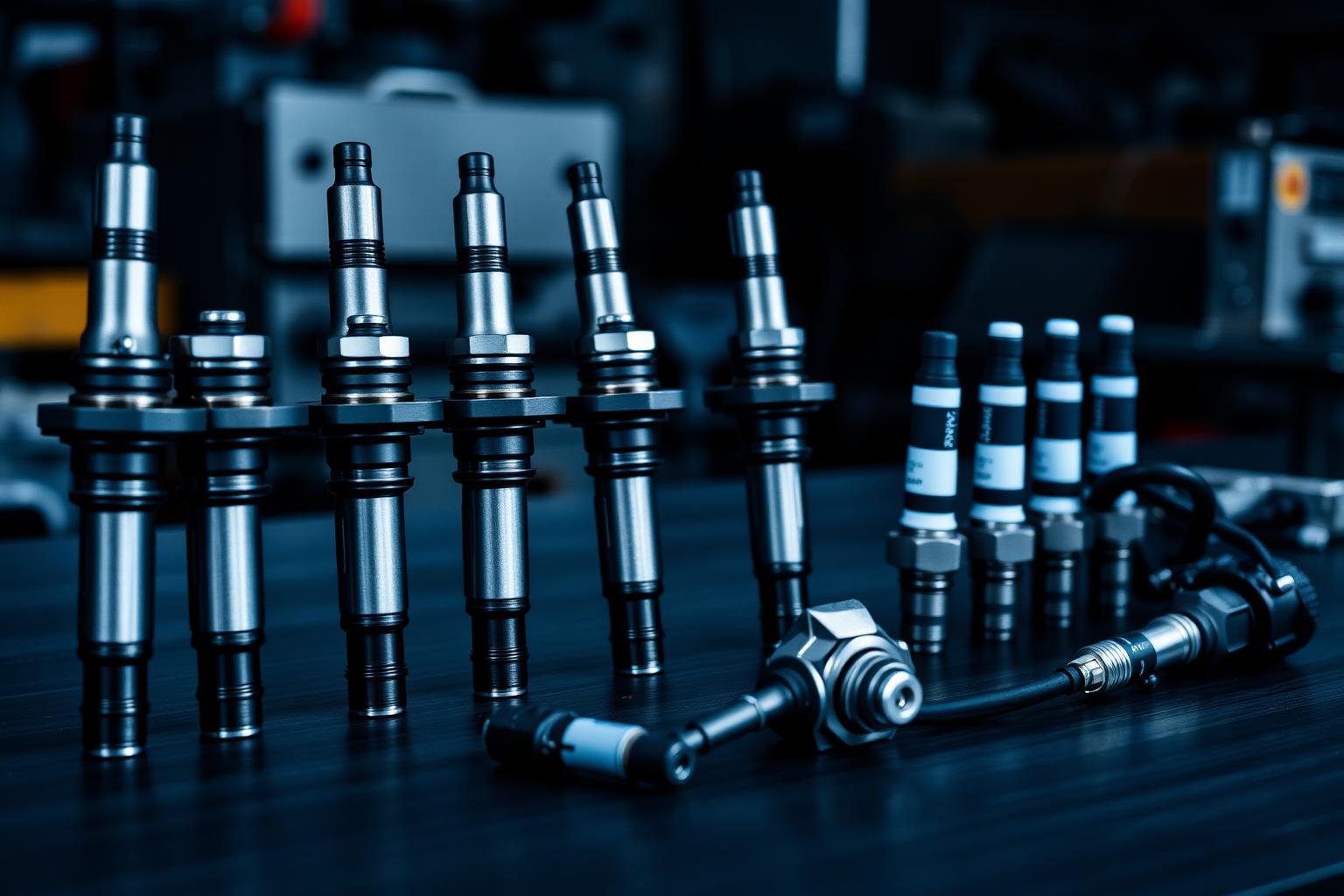 A row of ignition coils standing in line beside spark plugs and a crankshaft sensor on dark steel