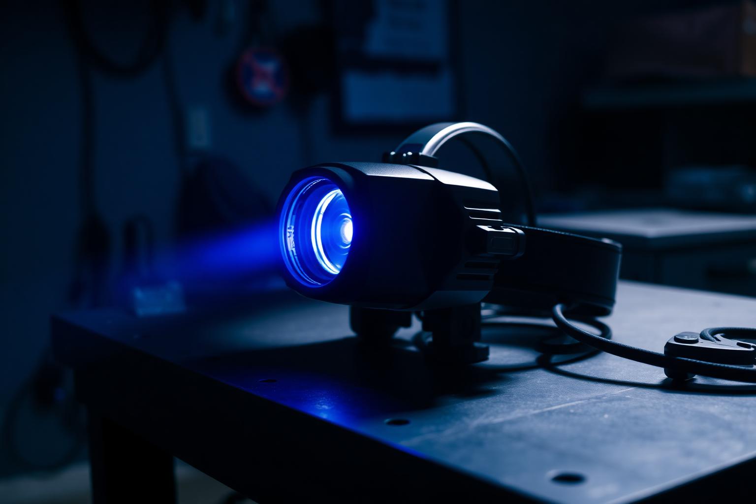 A full-LED adaptive headlight assembly on a dark bench, cool blue light catching the projector optics