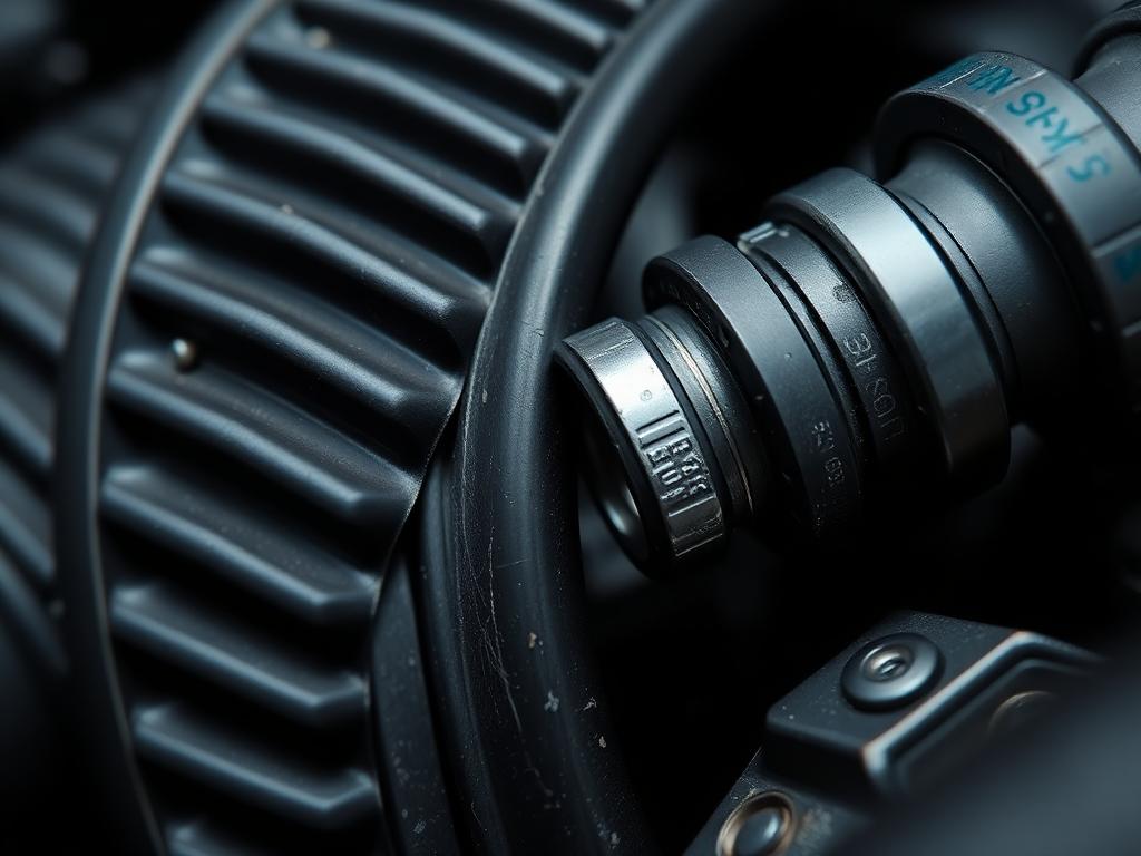 Macro detail of serpentine belt ribs curving over a pulley