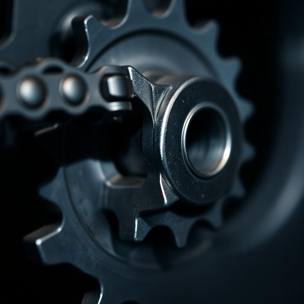 Macro detail of timing chain links meshed on a sprocket